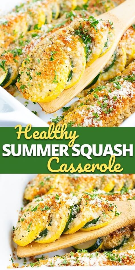 Healthy Squash Casserole recipe that is made with yellow squash, zucchini, a crunchy breadcrumb and Parmesan topping and then baked in the oven to crispy perfection!  This easy summer squash and zucchini casserole is a wonderful side dish casserole recipe to serve for summer picnics or at your Thanksgiving table! Squash Casserole Recipe | Baked Zucchini and Squash #evolvingtable #yellowsquash #zucchini #squash #casserole Ww Squash And Zucchini Recipes, Light Main Dish Recipes, Side Dishes With Squash, Ww Squash Recipes, Best Summer Squash Recipes, Summer Squash And Corn Recipes, Gooseneck Squash Recipes, Low Calorie Squash Casserole, Zucchini Squash Sweet Potato Recipes