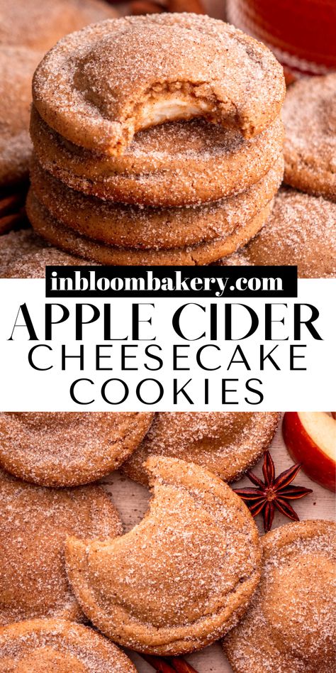 Apple Cider Cheesecake Bars, Caramel Apple Cider Cookies Recipes, Apple Cider Cheesecake Muffins, Cookie Recipes Cheesecake, Apple Cider Cheesecake Cookies, Apple Pumpkin Cookies, Halloween Sweets Recipes, Cookies With Apples, Apple Cheesecake Cookies