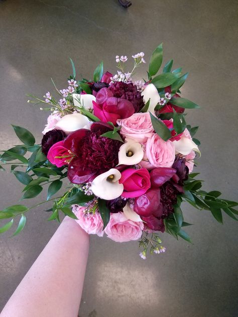 Dark and dreamy bouquet; burgundy peonies; burgundy ranunculus; pink garden roses; bright pink roses; white calla Lilliy's; pink wax flower; ruscus; bridal bouquet   Lisa Foster Floral Design   www.lisafosterfloraldesign.com Dark Pink Bouquet, Dreamy Bouquet, Pink Wax Flower, Burgundy Ranunculus, Ranunculus Pink, Bright Pink Roses, Burgundy Peonies, Dark Pink Roses, Homecoming Flowers