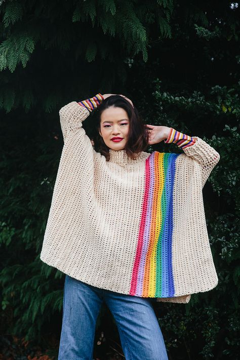 Ravelry: Colours of The Rainbow Poncho by Cassie Ward Crochet Rainbow Sweater, Witch Crochet, Crochet Trends, Crochet Jumper Pattern, Striped Sweaters, Crochet Rainbow, Crochet Jumper, Jumper Patterns, Colours Of The Rainbow