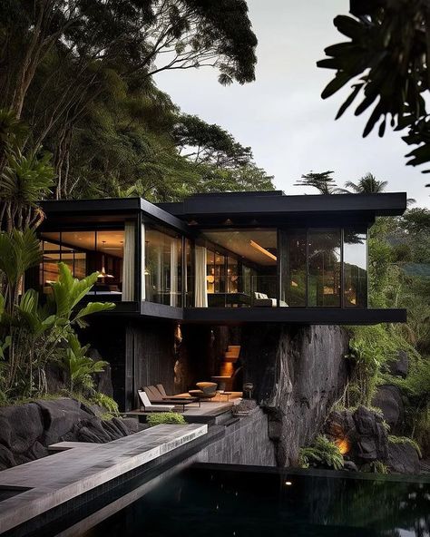 MODERN ARCHITECTURE | Designed by: @miladeshtiyaghi Black Jungle House Follow @minimalismoarchitecture for more !!! Would you live here? #black #jungle… | Instagram Hanok House, Jungle House, Modern Architecture Design, Modern Mansion, The Rainforest, House Architecture Design, Modern Architecture, Mansion, Architecture Design