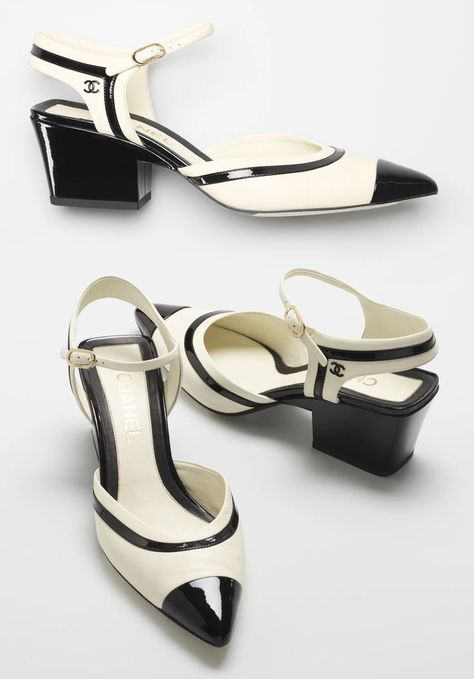 Open Shoes Chanel Ivory & Black Lambskin & Patent Calfskin for 2022 Pre-collection spring summer #chanelshoes #chanel2022 Open Shoes, Shoes Chanel, Fab Shoes, Chanel Spring, Chanel Shoes, Sling Backs, Calf Skin, Chanel, Spring Summer