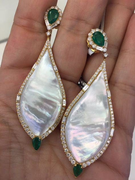 Mother of Pearl- Emerald & Diamond Mother Of Pearl Jewelry Indian, Mother Pearl Jewelry, Goa Jewellery, Mop Jewelry, Fine Pearl Jewelry, Indian Jewelry Earrings, Mother Of Pearl Jewelry, Fancy Earrings, Bold Earrings