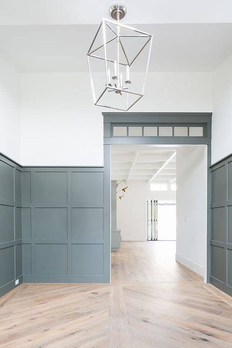 Board And Batten Wall With Doorway, Board And Batten With Doorway, Sw Mediterranean Paint, Wainscoting Office Ideas, Paneling Entryway, Sw Grizzle Gray, Gray Board And Batten, Gray Wainscoting, Grizzle Gray