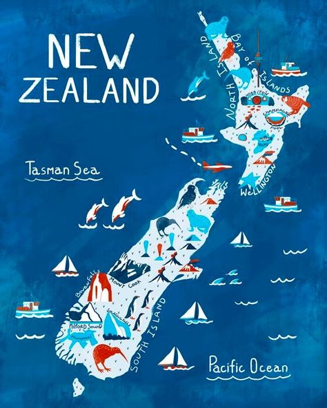 New Zealand Map Illustration, Nee Zealand, New Zealand Illustration, New Zealand Poster, New Zealand Map, Travel Brochure Design, Map Of New Zealand, New Zealand Cities, Maps For Kids