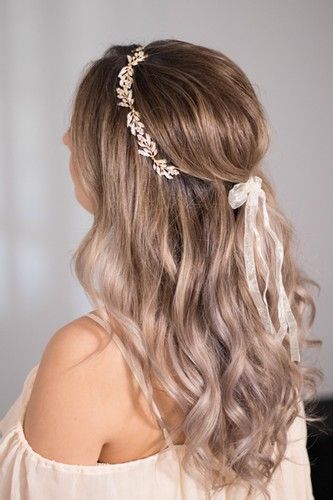 Half Up Half Down Wedding Hair With Headband And Veil, Boho Wedding Hair With Headband, Half Up Wedding Hair With Headband, Bride Hair Half Up Half Down With Headband, Bridal Hair Vine Headband, Hairstyle With Accessory, Boho Wedding Tiara, Bridal Hair With Headband Half Up, Bridal Hair Accessories Half Up Half Down