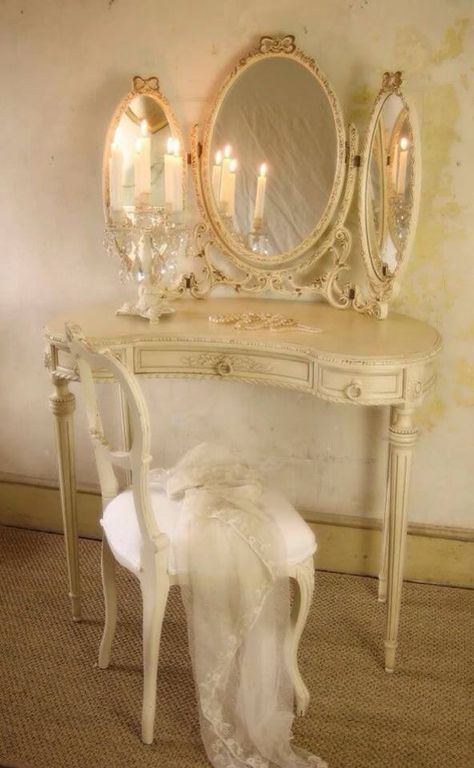 Vanity (reminds me of The Phantom of the Opera) Dressing Table And Mirror, Table And Mirror, Makeup Vanities, Dressing Table Vanity, Interior Minimalista, Decor Shabby Chic, Shabby Chic Interiors, Chic Interior, Vintage Vanity