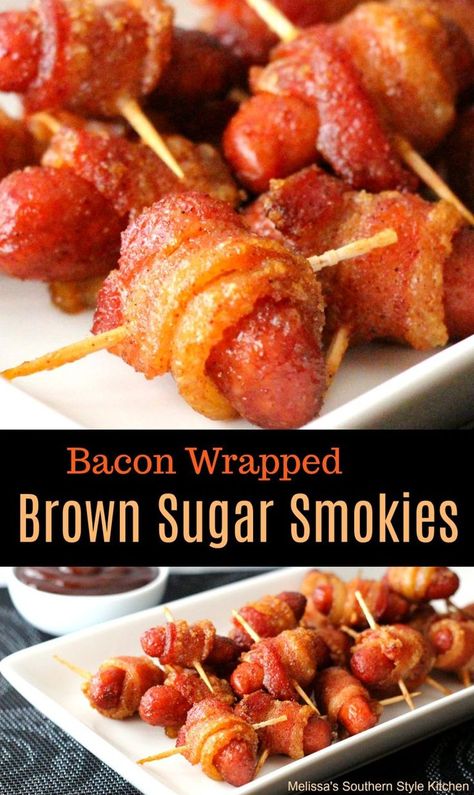 Smokies Appetizers, Brown Sugar Smokies, Fingerfood Recipes, Football Food Appetizers, Sandwich Vegetarian, Smokies Recipe, Bacon Wrapped Smokies, Savory Dips, Spicy Bacon