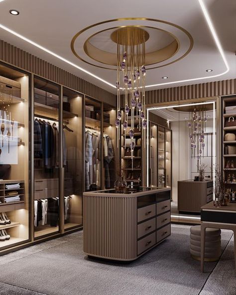 Luxury Walk In Wardrobe Design, Wardrobe Island Design, Dressing Room Dimensions, Brown Closet, Walking Wardrobe, Dressing Unit, Luxury Wardrobe, Bedroom Cupboard Designs, Wardrobe Interior Design