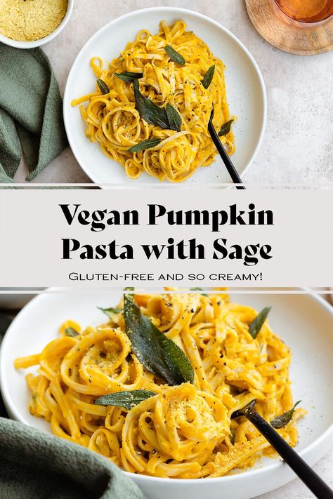 Vegan Pumpkin Mac And Cheese, Vegan Pumpkin Pasta, Pumpkin Pasta Recipe, Fried Sage, Pumpkin Pasta Sauce, Vegan Main Course, Pumpkin Mac And Cheese, Pumpkin Sauce, Pumpkin Pasta