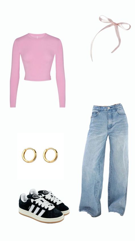 Long sleeve pink top gold hoops small hoops campus black 00s bows straight long baggy jeans outfit inspo #adidascampus00s #motelrockjeans #falloutfit Black And Pink Campus 00s Outfit, Outfits With Campus 00s, Black Campus 00s Outfit, Long Baggy Jeans, Campus 00s Outfit, Baggy Pants Outfit, Long Sleeve Top Outfit, Baggy Jeans Outfit, Campus Outfit