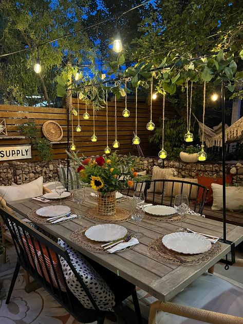 Garden Table Lighting Ideas, Lights Over Picnic Table, Hanging Decor Over Table, Over The Table Decorating Rod, Patio Decorating Ideas Lights, Table Rod Decoration, Decorating Rod For Table, Over The Table Rod Decor Diy, Outdoor Garden Party Ideas Decoration