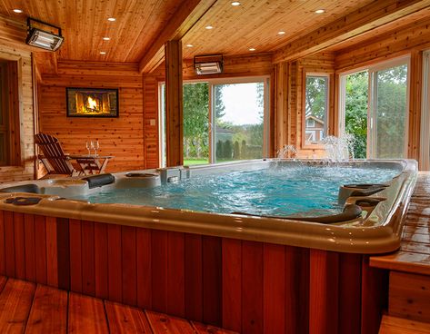 Indoor Campfire, Basement Spa, Tub Inspiration, House Pool Party, Indoor Swim Spa, Tub Room, Barn Pool, Big Cabin, Dream Hotel