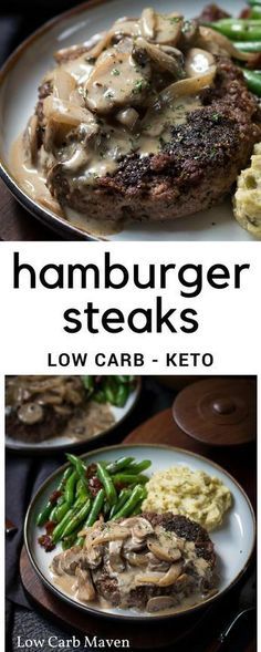 Hamburger Steak And Gravy, Hamburger Steaks, Low Carb Maven, Hamburger Steak, Resep Diet, Hamburger Meat Recipes, Meat Recipe, Mushroom Gravy, Hamburger Meat