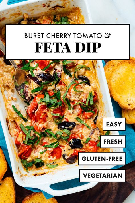 This baked feta dip is the perfect summer appetizer! This easy dip recipe features creamy feta, burst cherry tomatoes, optional olives and fresh basil. Serve it with crostini, pita chips or your favorite accompaniments. #fetadip #bakedfeta #feta #summerappetizer #cookieandkate Baked Feta Dip, Cherry Tomato Appetizers, Burst Cherry Tomatoes, Baked Feta Recipe, Tomato Appetizers, Baked Dips, Easy Dip, Creamy Feta, Baked Feta