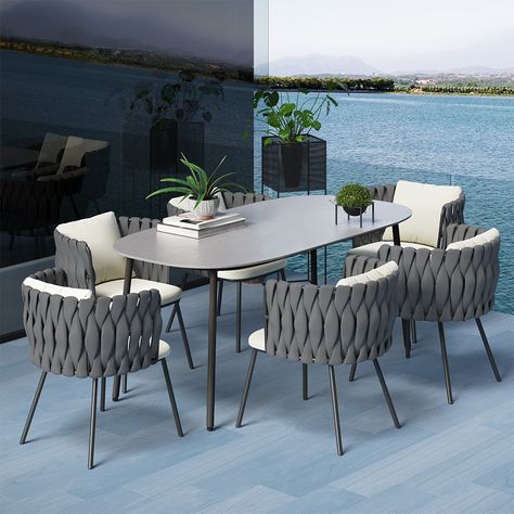 Exterior Dining Table, Dining Area Design, Modern Outdoor Dining, Modern Outdoor Patio, Marble Top Dining Table, Woven Chair, Modern Dining Room Tables, 7 Piece Dining Set, Mesa Exterior