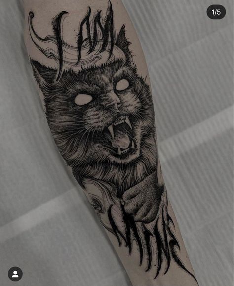 Evil Cat Tattoo, I Am Mine, Kitten Tattoo, Tattoo Uk, Black Cat Tattoos, Evil Cat, Scary Tattoos, Fire Tattoo, Creepy Tattoos