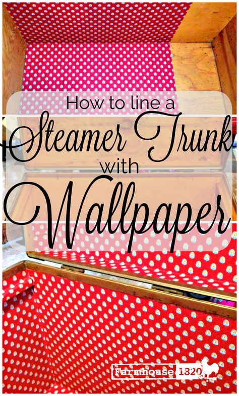 Lining An Old Trunk, Steamer Trunk Makeover Diy, Trunk Makeover Ideas, Old Trunk Ideas Repurposed, Antique Trunk Makeover, Steamer Trunk Makeover, Diy Trunk, Trunk Redo, Antique Trunk Restoration