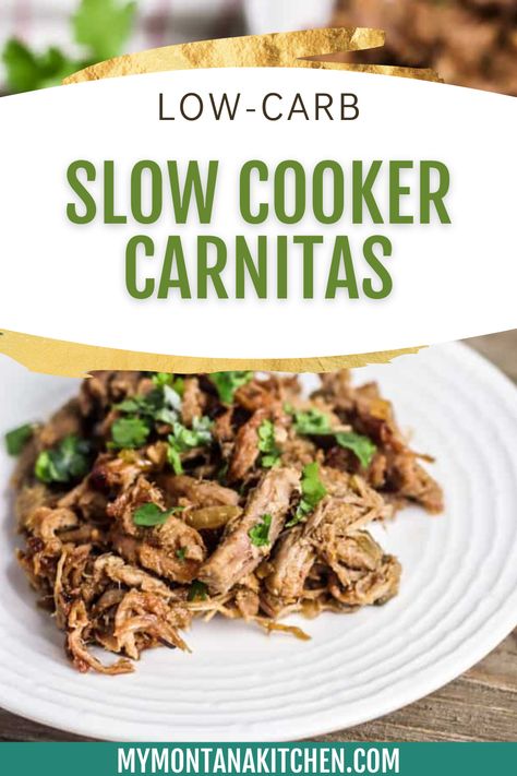 These low-carb slow cooker carnitas are a delicious and easy way to enjoy the traditional Mexican pulled pork dish while keeping your carb intake low. Whether you're looking for keto recipes, a low-carb option for your next taco night, or you're simply looking for a new and delicious way to enjoy carnitas at home, this recipe is sure to be a hit! Grab this gluten-free, dairy-free, Trim Healthy Mama S recipe now. Pulled Pork Dishes, Crockpot Carnitas Recipes, Carnitas Crockpot, Pork Shoulder Recipe, Mexican Pulled Pork, Slow Cooker Carnitas, Pork Carnitas Slow Cooker, Pork Shoulder Recipes, Pulled Pork Tacos