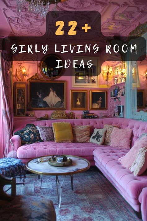 Unleash the feminine vibes in your living room with these 22 eclectic designs. Ready for a cozy and chic makeover? Click to discover how to blend playful elements! 🎀🌸 #FeminineVibes #LivingRoomMakeover #CozyChic #PlayfulDesign #EclecticDecor Pink Black White Gold Living Room, Female Living Space, Pastel Home Decor Living Room, Feminine Living Room Ideas, Feminine Eclectic Decor, Women Cave Room Ideas, Dark Green And Pink Living Room, Maximalist Interior Living Room, Romantic Living Room Ideas