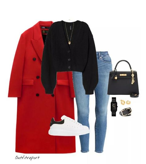 Red In Outfits, Zara New Collection 2023 Spring, How To Style Red Coat, How To Style A Red Coat, Red Wool Jacket Outfit, Zara 2022 Winter Collection, Long Red Coat Outfit, Red Spring Outfit, Red Jacket Outfit Winter