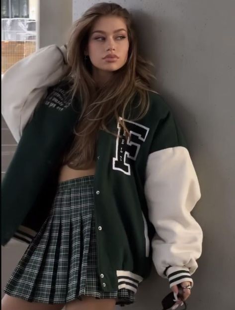 University Jacket Outfit, Green Varsity Jacket Outfit, College Jacket Outfit, Letterman Jacket Outfit, University Jacket, Prom Jacket, Green Varsity Jacket, Daily Fashion Outfits, Senior Jackets