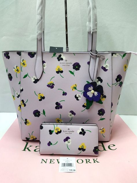 Kate Spade New York Dana Multicolor Leather Floral Large Tote Bag W/ Wallet -NWT 100% authentic New with tags MSRP: $359 (tote) + $159 (Wallet) Features: * Material:  leather, PVC * Color: Multi Pansy Toss Print * Size: large  * Measurements (L x H x W): 11.5" x 11.5" x 5.5" * Zip-top closure * Fabric lining inside * Inside zipper and open pockets * Leather handles with 11" drop   * Style #k6077 * Matching wallet   Please see the images for further detail and ask any questions you may have befor Nightmare Before Christmas Purse, Fem Outfits, Luxury Tote Bags, 24th Birthday, Kate Spade Totes, Leather Floral, Fancy Bags, Coach Shoulder Bag, Pretty Bags