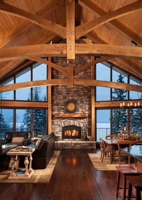 Great woodwork and beams. Love the natural wood color. Cabin Style Living Room, Mantel Styling, Casa Hobbit, Fireplace Pictures, Book Deal, Log Home Interiors, Rustic Home Design, Timber Frame Homes, Cabin Living