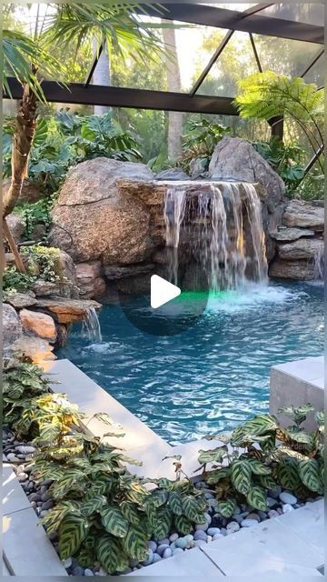 Pool Waterfall Landscaping, Cheap Pool Ideas Budget, Backyard Photography, Garden Landscaping Backyard, Swimming Pool Enclosures, Landscaping Backyard, Pool Enclosures, Garden Swimming Pool, Tropical Garden