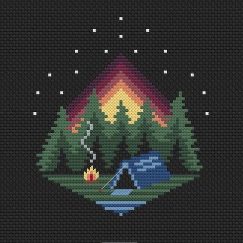 Hello and welcome to the enchanting world of cross-stitch! Black Canvas Cross Stitch, Pixel Art Camping, Camping Pixel Art, Cross Stitch Black Background, Cross Stitch Patterns Nature, Cross Stitch Art Pattern, Camping Cross Stitch Patterns, Small Cross Stitch Patterns, Forest Cross Stitch Pattern