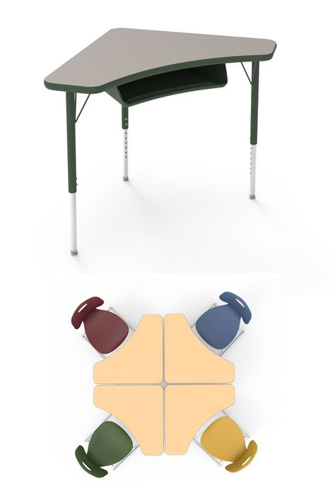 This compact, contemporary desk is designed for collaborative learning and provides sleek looks, solid functionality and great flexibility. Includes a backpack peg to keep backpacks off the floor. It can be arranged in countless ways for groups of all sizes. Its work surface provides ample space for individual or group work of all kinds. Order it an any of 17 standard laminate colors, 12 edge colors and Black or Platinum frame Classroom Table Arrangement, Laminate Colors, Office Cabin Design, Furniture Design Table, Conference Room Design, Floor Desk, Classroom Interior, Daycare Design, Modular Workstations