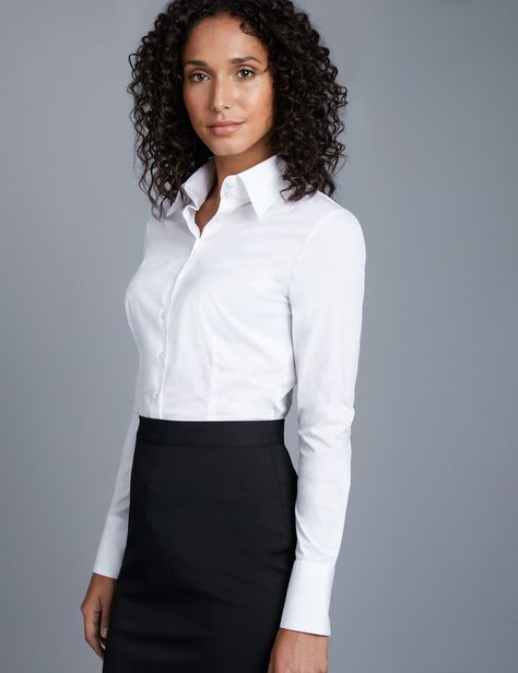 Women's White Fitted Vintage Hipster Shirt with High Long Collar - Single Cuff Pencil Skirt And Blouse, White Fitted Dress, White Shirt Outfits, Hawes And Curtis, Minimalist Fashion Women, White Shirt Blouse, White Blouses, White Collared Shirt, White Shirts Women