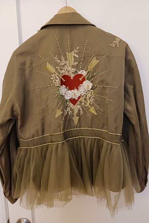 Altered Clothing, Heart Embroidery, Khaki Jacket, Ballet Tutu, Thrift Shop, Gold Embroidery, Thrift Shopping, Chinese Antiques, Jean Jackets