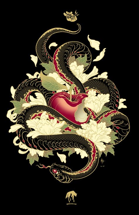 PURO VENENO on Behance Bodysuit Tattoos, Tattoo Snake, Yakuza Tattoo, Irezumi Tattoos, Traditional Japanese Tattoos, Body Suit Tattoo, Apple Art, Snake Art, Snake Tattoo