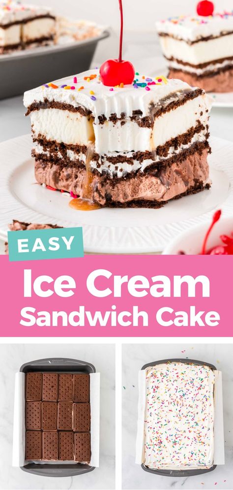 Sheet Pan Ice Cream Sundae, Easy Ice Cream Cake With Ice Cream Sandwiches, Homemade Ice Cream Sandwich Cake, Ice Cream Cake Sandwich Recipe, Make Ahead Ice Cream Desserts, I E Cream Sandwich Cake, Diy Carvel Ice Cream Cake, Sheet Pan Ice Cream Cake, Homemade Ice Cream Cake With Ice Cream Sandwiches