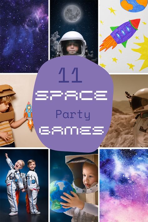 Space Themed Games For Galaxy Parties Galaxy Themed Birthday Party Games, Games For Space Birthday Party, Space Themed Pe Games, Space Theme Birthday Games, Galaxy Birthday Party Games, Outer Space Birthday Party Ideas, Space Themed Party Ideas, Outer Space Party Games, Outer Space Birthday Party Games