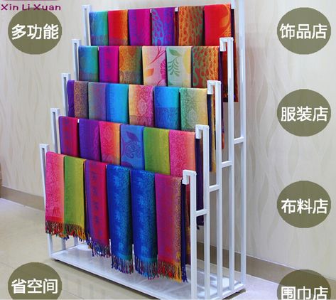 Scarves And Shawls, Shawl Storage Ideas, Scarf Holder Ideas, Doormat Display Rack, Scarf Hanging Ideas, Shawl Rack, Fabric Display Ideas, Clothes Display Ideas, Scarf Frame