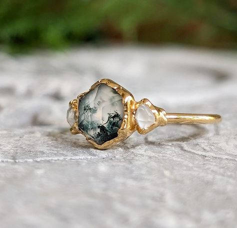 Moss Agate and Herkimer diamond ring in 18k Gold setting