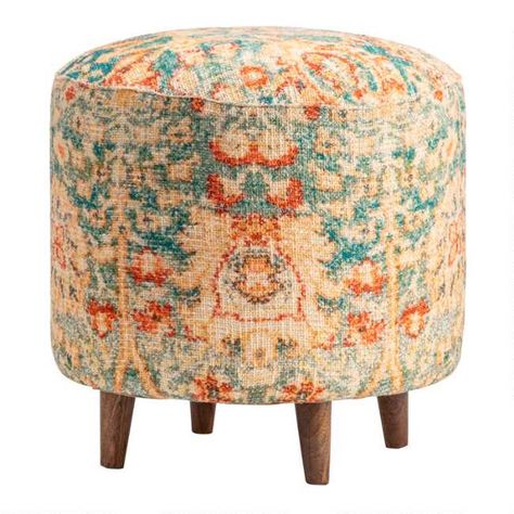 Round Multicolor Harlon Upholstered Ottoman | World Market Wood Ottoman, Round Stool, Round Ottoman, Ottoman Stool, Foot Stool, Upholstered Ottoman, Solid Mango Wood, World Market, Ottoman Bench