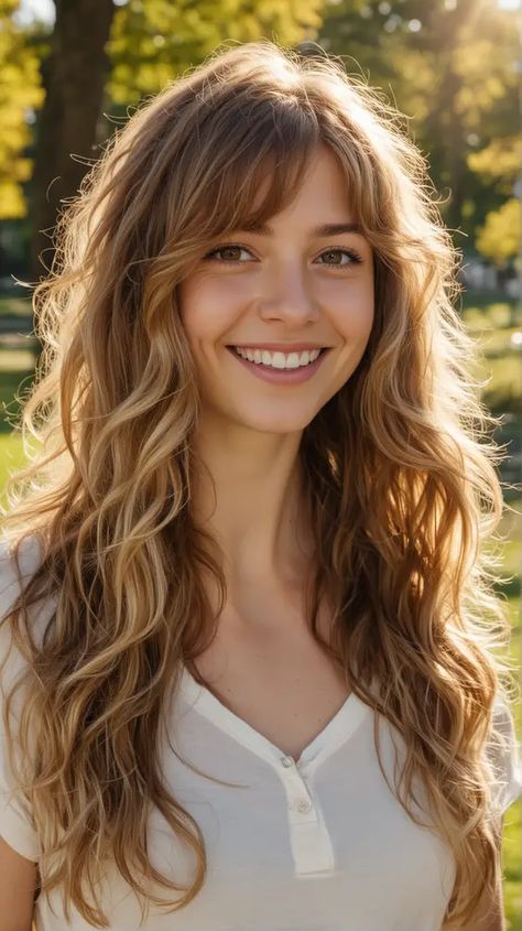 20 Transform Your Look with Blonde Bangs on Brown Hair Wavy Hair With Layers And Face Framing, Shaggy Layers Curly Hair, Natural Blonde With Bangs, Long Wavy Hair With Face Framing Layers, Bardot Bangs Wavy Hair, Long Curly Hair With Face Framing Layers, Naturally Wavy Hair With Bangs, Long Hair Layers Wavy, Long Hairstyles With Layers Wavy