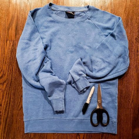 Sweatshirt Recycle Diy, How To Distress A Sweatshirt Diy, Distressed Crewneck Sweatshirt Diy, Distressing A Sweatshirt Diy, Distressed Sweatshirt Diy, Distress Sweatshirt Diy, Sweatshirt Alterations Ideas, Diy Cut Sweatshirt Ideas, Sweatshirt Makeover Ideas Diy