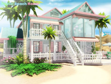 Pralinesims' Pastel Beach Home Sims 3 Houses Plans, Sims 4 Beach House, Lotes The Sims 4, Sims Builds, Sims 4 House Plans, Sims 4 House Building, Pastel Beach, Luxury Beach House, Beach House Plans