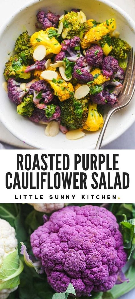 Roasted Cauliflower Salad Recipe, Purple Cauliflower Salad, How To Cook Purple Cauliflower, Roasted Purple Cauliflower, Califlower Recipes Purple, Purple Califlour, Purple Cauliflower Recipe, Roasted Cauliflower And Date Salad, Lemon Garlic Dressing