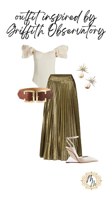 Gold pleated skirt travel outfit summer fit day to night look white off the shoulder body suit LA fashion art deco inspired look what to wear to the griffith observatory white wedge heels Los Angeles Outfits Summer, White Wedge Heels, Gold Pleated Skirt, Griffith Observatory, White Off The Shoulder, White Wedges, Travel Outfit Summer, White Off Shoulder, Pointed Toe Heels