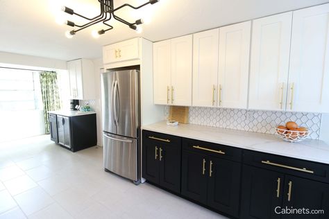 Cabinets Without Crown Molding, Kitchen Cabinets Without Crown Molding, Black And White Galley Kitchen, Kitchen Cabinets Gold Hardware, Cabinets Gold Hardware, White Galley Kitchen, Gold Kitchen Hardware, Galley Kitchen Design, Kitchen 2023