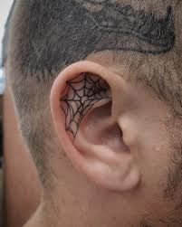 Barbed Wire Ear Tattoo, Ear Tatoos Man, Ear Tattoo Design For Men, Black Ear Tattoo, Goth Ear Tattoo, Spider Ear Tattoo, Spiderweb Ear Tattoo, Simple Ear Tattoos, Men Ear Tattoo