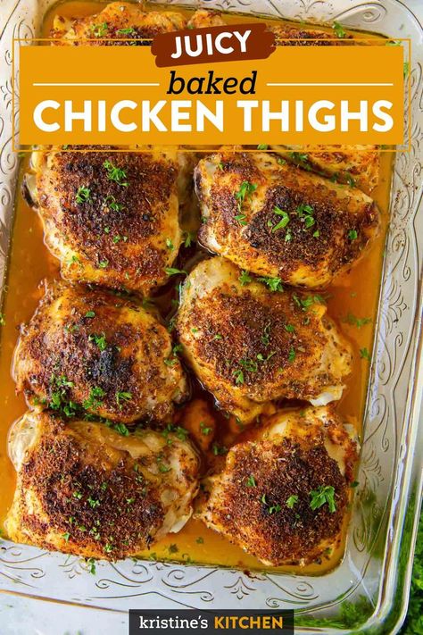 The BEST Oven Baked Chicken Thighs! This easy recipe makes juicy, flavorful chicken thighs with crispy skin. Use bone in skin on or boneless skinless chicken thighs. One of our favorite chicken dinner recipes! Easy Oven Chicken Thigh Recipes, Hi Jen Thigh Recipes, Bone In Skin On Thigh Recipes, Bone In Skin On Chicken Thigh Recipes Crock Pot, Bine In Chicken Thigh Recipes, Chicken Thigh Baked Bone In, Chicken Thigh Recipes In The Oven, Easy Bone In Skin On Chicken Thigh Recipes, Boneless Skinless Chicken Thigh Recipes Oven Baked