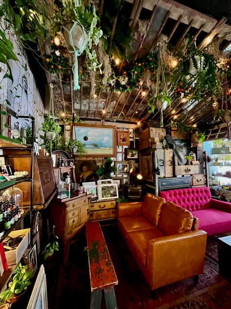 Local cafe with greenery hippie boho alternative vibe Record Shop Interior, Boho Chic Coffee Shop, Local Cafe Aesthetic, Witchy Cafe Aesthetic, Witch Cafe Aesthetic, Indie Coffee Shop, Groovy Coffee Shop, Coffee Lounge Ideas, Cottagecore Coffee Shop