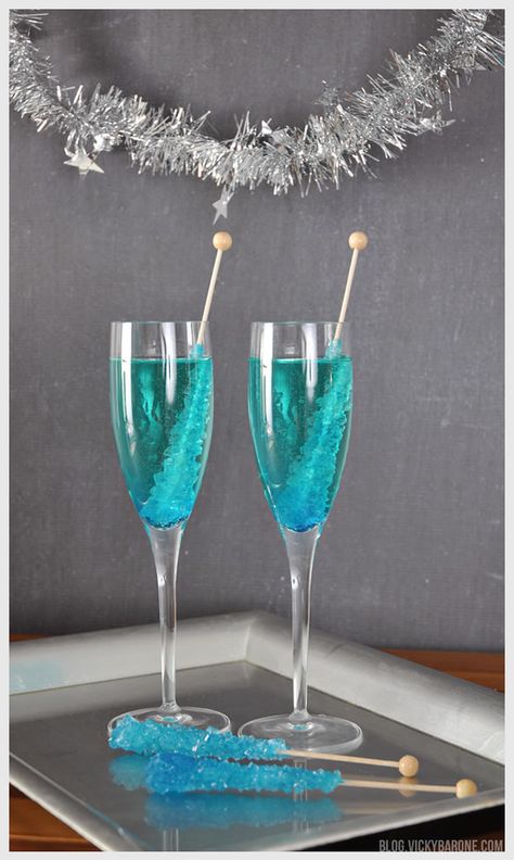 Rock Candy Champagne | Vicky Barone Rock Candy Champagne, Blue Rock Candy, Mercury Glass Centerpiece, Luxury Drinks, Stick Of Rock, How To Make Glitter, Champagne Drinks, Girly Birthday, Candy Drinks