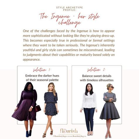 A Feminist Styling Agency on Instagram: "Each of the Flourish Style Archetypes comes with their own set of challenges, and the Ingenue is no exception! Because of the overall sweet and friendly nature of this Archetype, it can be difficult for the Ingenue to be taken seriously.   💕We acknowledge this challenge is rooted in some long-standing toxic belief systems that we have had to deal with throughout our entire lives. A lot has changed for the better, but we still have a ways to go!   ✨That being said, there are strategic ways that the Ingenue can be both their most authentic self AND project an aura that asserts “I am capable and amazing” 🫶🏼  #ingenue #styleinspo #styleguide #stylechallenge #fashionlover #sweetstyle #girlnextdoor #charming #imageconsultant #kibbe #pittsburghstylist # Ingenue Feminine Archetype, Ingenue Natural Style, The Ingenue Archetype, Style Archetypes, Ingenue Essence, Colour Analysis, Soft Gamine, Fashionably Late, Deep Winter